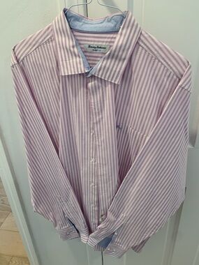 Tommy Bahama Men's Pink and White Striped Button-Up Shirt